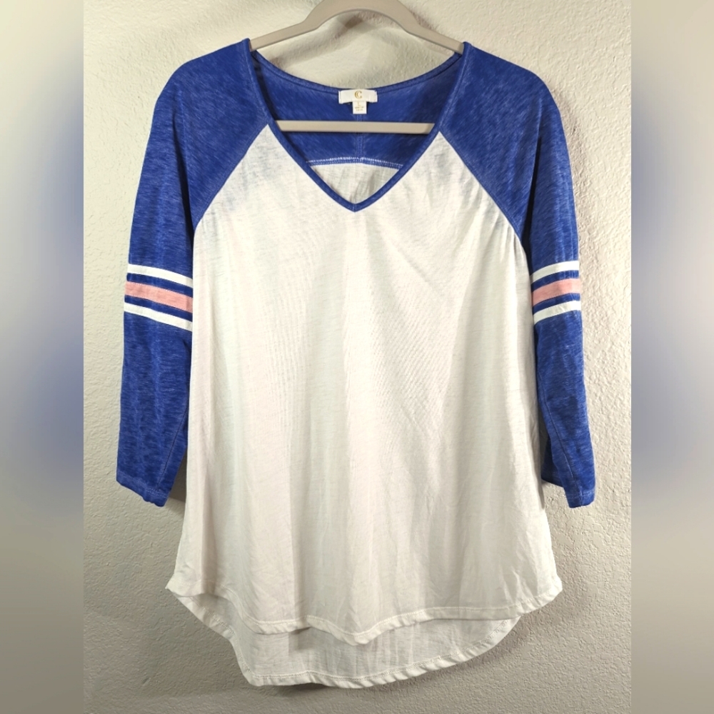 Blue & Pink Baseball 3/4 V Neck Tee - S, M, Lg